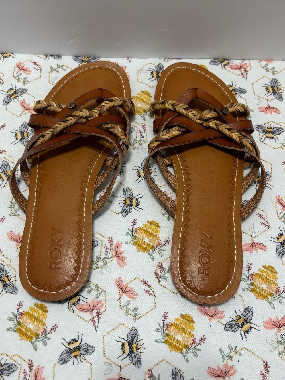 Roxy Women’s Tan Braided-Strap Slide Sandals